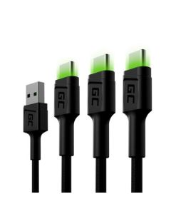 Green Cell Set 3x Cable GC Ray USB-C 200cm Cable with green LED backlight, fast charging Ultra Charge, QC 3.0