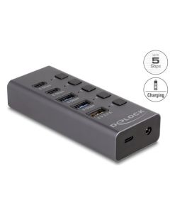 Delock rozbočovač USB 5 Gbps se 2 x USB Typ-A a 2 x zásuvkovými USB Type-C™ a jedním rychlonabíjecím portem + přepínač