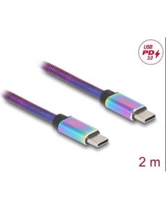 Delock Kabel USB 2.0 ze zástrčky USB Type-C™ na zástrčku, s duhovým kovovým pláštěm, PD 3.0, 60 W, 2 m