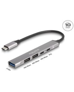 Delock 4-portový tenký Hub USB Type-C™ mající 1 x USB 10 Gbps Typ-A + 2 x USB 2.0 Typ-A + 1 x USB 2.0 USB Type-C™ a PD 9