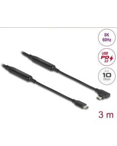 Delock Aktivní kabel USB 10 Gbps, ze zástrčkového rozhraní USB Type-C™ na zástrčkové, pravoúhlý, levý / pravý, 3 m, 8K