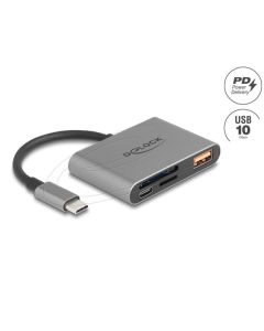 Delock Čtečka karet USB-C pro paměťové karty SD a Micro SD + port USB 10 Gb/s typu A a USB typu C PD 2.0 85 W
