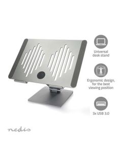Nedis NBSTND500SI - Stojan na Notebook| Napájení z USB | SD a micro SD, 1xUSB-C a 3x USB3.0 | 17 " | Skládací