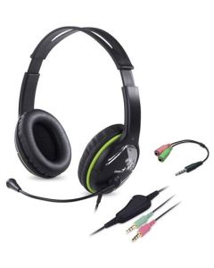 Genius HS-400A Headset, herní, drátový, náhlavní, mikrofon, ovládání hlasitosti, 2× 3,5mm jack, redukce na 1× 3,5mm, černo-zelená