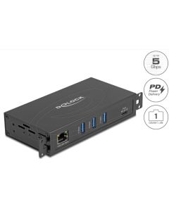 Delock 3 portový USB 5 Gbps Hub + port RJ45 Gigabit LAN s podporou PoE++ a s konektorem USB Type-C™, v kovovém pouzdře