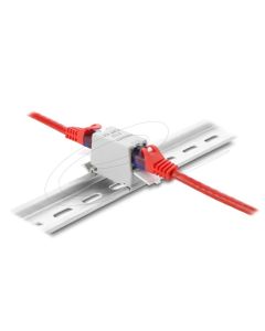 Delock Spojka RJ45 Cat.6A ze zásuvky na zásuvku s krytkou proti prachu k montáži na lištu dle DIN, stíněná, šedá / bílá