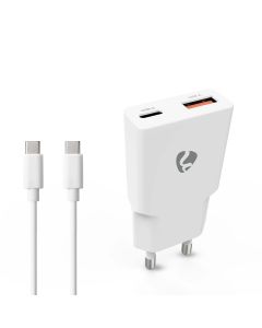 Nedis WCHA20WTUC - 20 W | GaN | PD3.0 | Funkce rychlého nabíjení | 1.5 / 2.0 / 2.22 A / 3.0 A | USB-A / USB-C | Bílá 