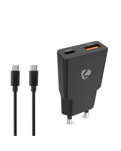 Nedis WCHA20BKUC - Síťová nabíječka | 20 W | GaN | PD3.0 | Funkce rychlého nabíjení | 2 výstupy | USB-A / USB-C | Černá