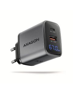 AXAGON ACU-PQ67D GaN nabíječka do sítě 67W, USB-A + USB-C, PD3.0/PPS/QC4+/SFC2.0/Apple, LCD display