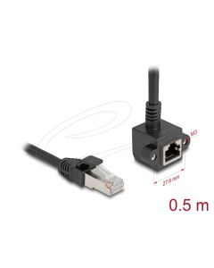 Delock Síťový prodlužovací kabel ze zástrčky RJ45 na zásuvku RJ45, úhlový, 90°, Cat.6, F/UTP, 0,5 m, černý