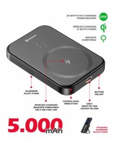 SWISSTEN POWER BANK FUSION 5000 mAh S NABÍJENÍM APPLE WATCH (kompatibilní s MagSafe) STŘÍBRNÁ