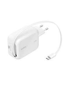 Belkin BOOST CHARGE™ PRO Duální 67W USB-C Power Delivery GaN PPS nástěnná nabíječka + 1m zatahovací USB-C kabel, bílá