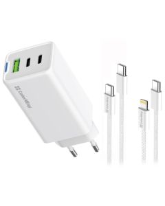 COLORWAY 2x USB-C, 1x USB-A/ síťová nabíječka/ GaN/ PD/ PPS/ 65W/ Včetně 2x kabelů, USB-C-USB-C, USB-C-Lightning/ Bílá