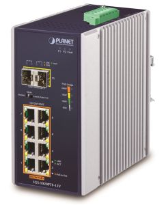 Planet IGS-1020PTF-12V Průmyslový L2 PoE switch, 8x1Gb + 2xSFP, 802.3at 30/240W, IP30, -40~+75°C, 12-56VDC