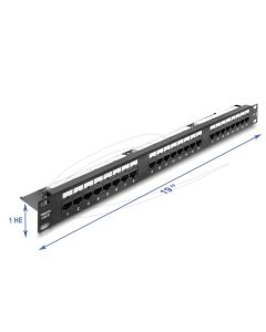 Delock Spojovací panel rozměru 19”, 1U, 24 portový, kat. 6 s LED a odlehčovací lištou, nestíněný, černý