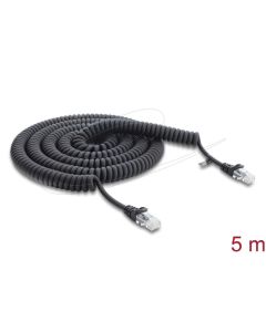 Delock Vinutý kabel rozhraní RJ45, ze zástrčky na zástrčku, Cat.5e, 5 m, černý