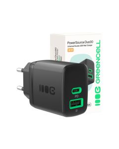 Green Cell PowerSource Duo30 Charger USB/USB-C Black Power Adapter 30W Power Delivery