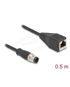Delock Kabel M12, D-kódovaný, 4 pin, ze zástrčkového na RJ45 zásuvkový konektor, PVC, 0,5 m