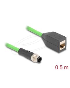Delock Kabel M12, D-kódovaný, 4 pin, ze zástrčkového na RJ45 zásuvkový konektor, PUR (TPU), 0,5 m