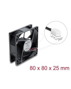 Delock Axiální ventilátor 48 V DC, 80 x 80 x 25 mm s 2-pinovým zásuvkovým konektorem ventilátoru, černý
