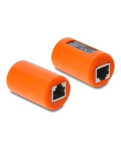Delock Adaptérová spojka RJ45 ze zásuvky na zásuvku Cat.6A, stíněná, s ochranou proti přepětí, kulatá, oranžová