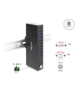 Delock Průmyslový rozbočovač ze 10 x USB 5 Gbps Typ-A s ochranou proti elektrostatickému výboji (ESD) až 8 kV a s montáž