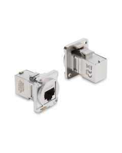 Delock Modul typu D RJ45 ze zásuvky na zásuvku, pravoúhlý, 90°, Cat.6A, stříbrný