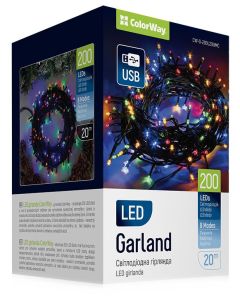 COLORWAY LED řetěz/ vnitřní / 200 LED / délka 20m / více barevný / 8 funkcí/ napájení USB