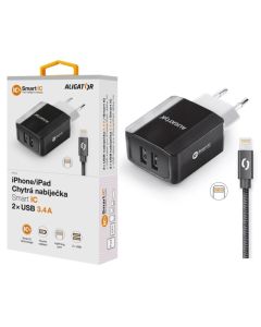 Chytrá síťová nabíječka ALIGATOR 3.4A, 2xUSB, smart IC, černá, kabel pro iPhone/iPad 2A