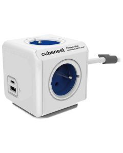Cubenest Powercube Extended USB PD 20W, A+C, 4× zásuvka, 1,5m, bílá/modrá, dětská pojistka, uzemnění, dok, 10A/250V