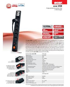 Acar USB 3m kabel 6 zásuvek 2xUSB přep.ochr.černý