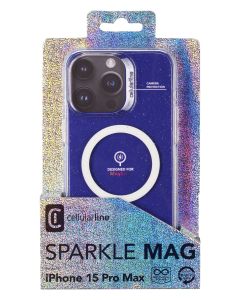 Třpytivý zadní kryt Cellularline Sparkle Mag s podporou Magsafe pro Apple iPhone 15 Pro Max, čirý