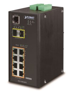 Planet IGS-10020PT průmyslový L3 switch, 8x1Gb, 2x2.5Gb SFP, 8x PoE 802.3at 240W, 48-54VDC, -40~75°C, IP30