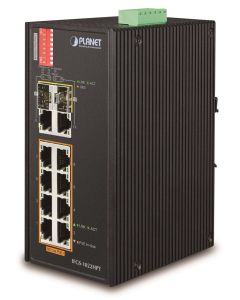 Planet IFGS-1022HPT průmyslový PoE switch, 8x100Mb + 2x1Gb/SFP, PoE 802.3at 30/240W, -40až75°C, dual 48-54VDC, IP30