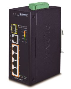 Planet IGS-614HPT Průmyslový PoE Switch 5x 1000Base-T, 1x SFP, 4x PoE 802.3at, -40~+75°C, 12-56VDC, dual-power, DIN