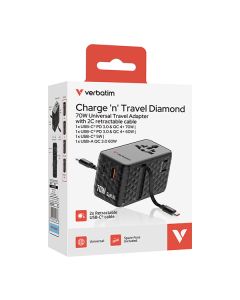 Verbatim, Univerzální cestovní adaptér GaN III Charge ,n 1x USB-C, 1X USB-A + 2x integrovaný kabel USB-C, černá, 70 W