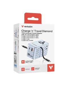Verbatim, Cestovní adaptér Charge ,n, Travel GaN III 1x USB-C, 1X USB-A + 2x integrovaný kabel USB-C, modrá, 70 W