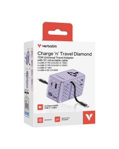 Verbatim, Cestovní adaptér Charge ,n, Travel GaN III 1x USB-C, 1X USB-A + 2x integrovaný kabel USB-C, fialová, 70 W