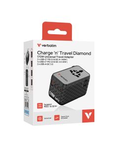 Verbatim, Cestovní adaptér Charge ,n, Travel GaN III 2x USB-C, 2X USB-A + 1x integrovaný kabel USB-C, černá, 170 W