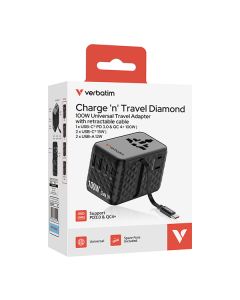 Verbatim, Cestovní adaptér Charge ,n, Travel GaN III 2x USB-C, 2X USB-A + 1x integrovaný kabel USB-C, černá, 100 W