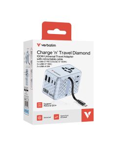 Verbatim, Cestovní adaptér Charge ,n, Travel GaN III 2x USB-C, 2X USB-A + 1x integrovaný kabel USB-C, modrá, 100 W