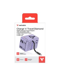 Verbatim, Cestovní adaptér Charge ,n, Travel GaN III 2x USB-C, 2X USB-A + 1x integrovaný kabel USB-C, fialová, 100 W