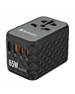Verbatim, Cestovní adaptér World-to-World UTA-05 GaN III 2x USB-C PD, QC 4+ a 2x USB-A, černá, 65 W