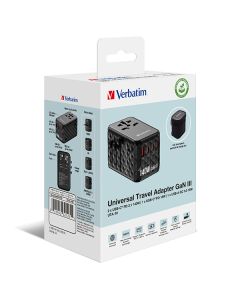 Verbatim, Cestovní adaptér univerzální UTA-10 GaN III 2x USB-C PD a QC 4+, 1x USB-C PD 3.0, 1x USB-A QC, černý, 140 W