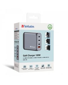 Verbatim, GaN cestovní nabíječka do sítě USB 3.0, USB C, šedá, 100 W, vyměnitelné vidlice C,G,A
