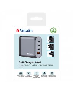Verbatim, GaN cestovní nabíječka do sítě USB 3.0, USB C, šedá, 140 W, vyměnitelné vidlice C,G,A