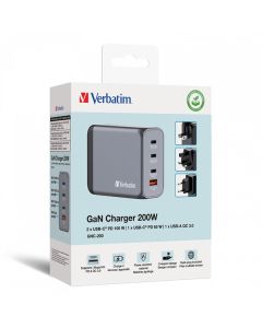 Verbatim, GaN cestovní nabíječka do sítě USB 3.0, USB C, šedá, 200 W, vyměnitelné vidlice C,G,A