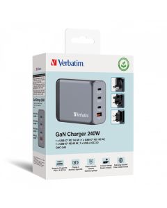 Verbatim, GaN cestovní nabíječka do sítě USB 3.0, USB C, šedá, 240 W, vyměnitelné vidlice C,G,A