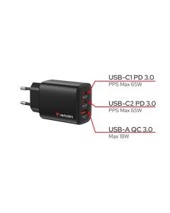 Verbatim Essentials, GaN nabíječka do sítě USB-A QC 3.0, 2 USB-C PD 3.0, černá, 65W, vyměnitelné vidlice EU/UK/US/AUS