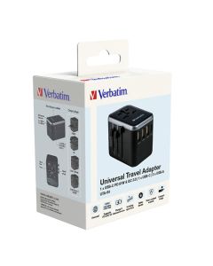 Verbatim, Cestovní adaptér univerzální World-to-World UTA-04 USB-A, USB-C, černý, 61 W